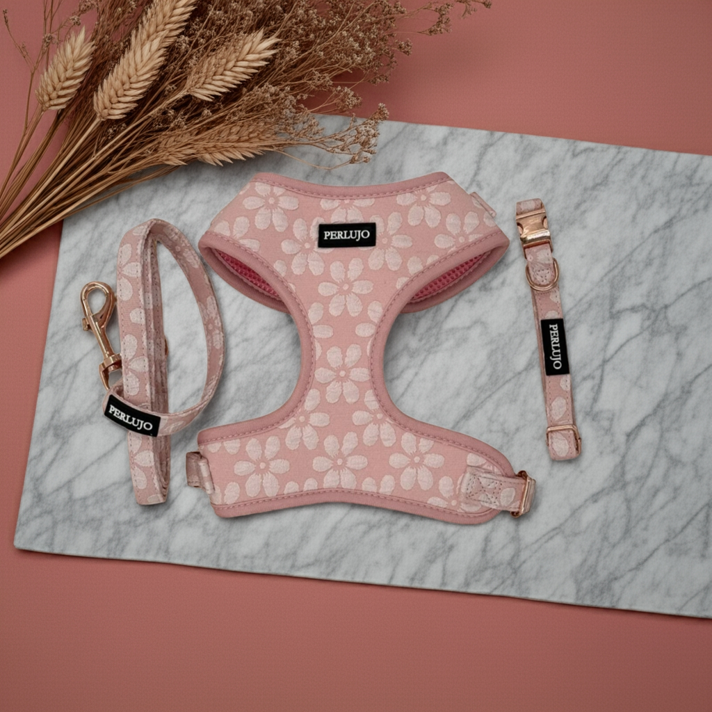 Rosy Bloom Essentials Ensemble: Adjustable Neck Harness, Collar & Leash - Perlujo