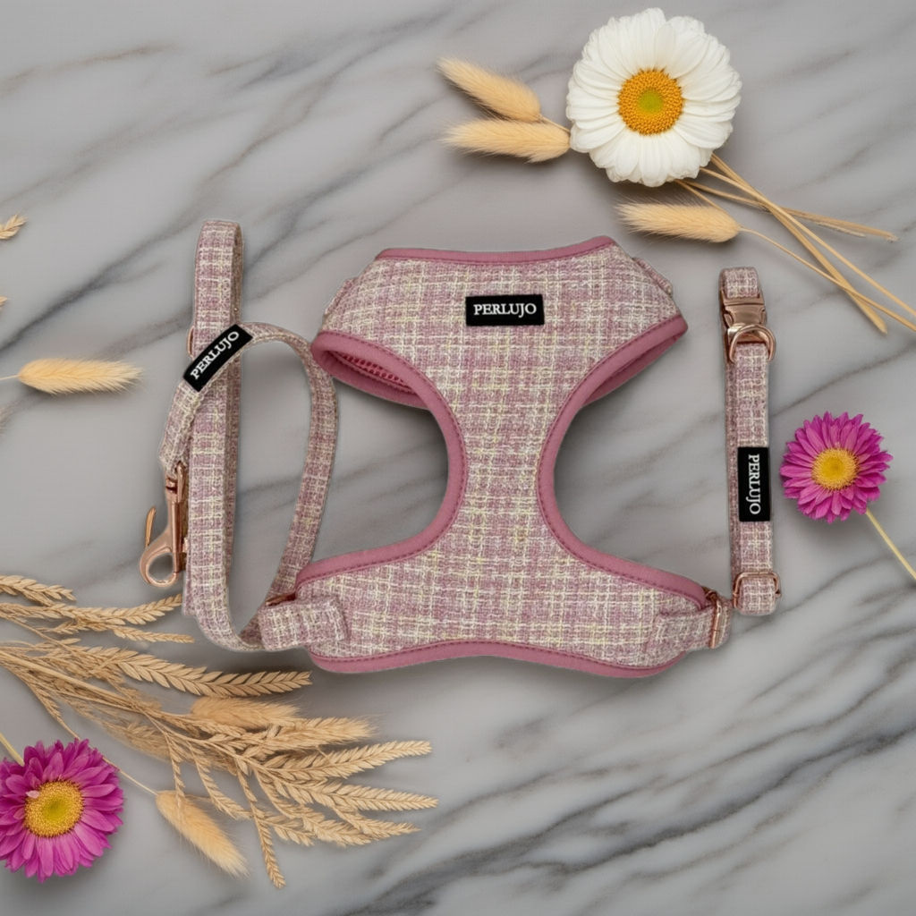 Blush Tweed Essentials Ensemble: Adjustable Neck Harness, Collar & Leash - Perlujo