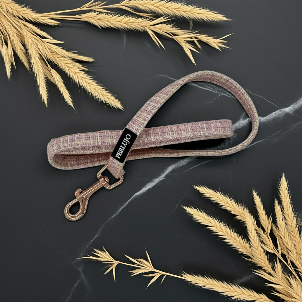 Blush Tweed Essentials Ensemble: Adjustable Neck Harness, Collar & Leash - Perlujo