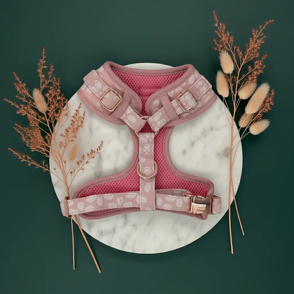 Rosy Bloom Essentials Ensemble: Adjustable Neck Harness, Collar & Leash - Perlujo