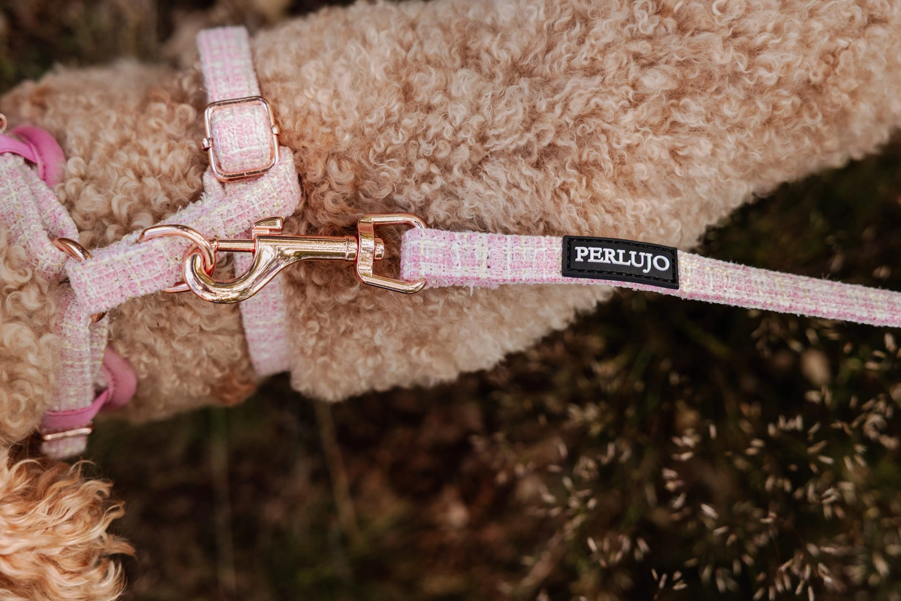 Blush Tweed Essentials Ensemble: Adjustable Neck Harness, Collar & Leash - Perlujo