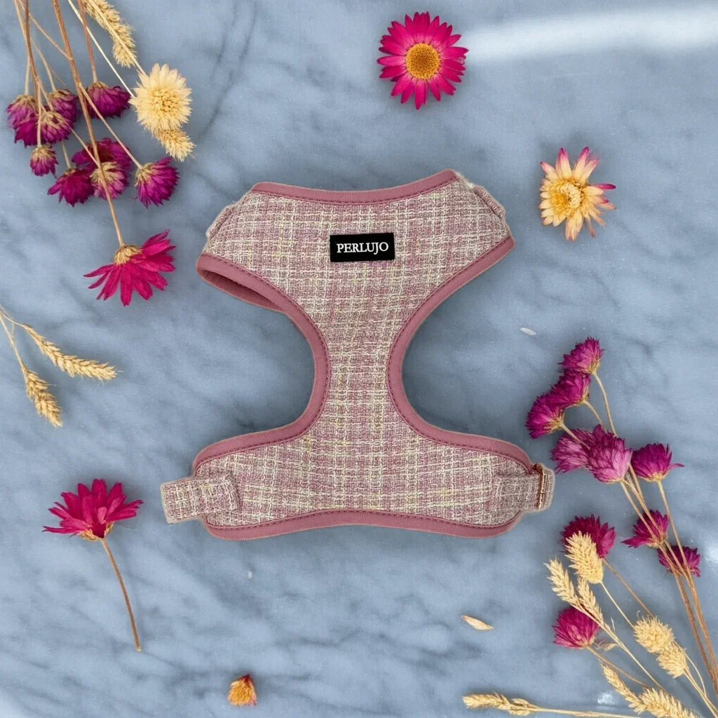 Blush Tweed Essentials Ensemble: Adjustable Neck Harness, Collar & Leash - Perlujo